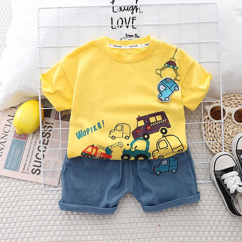 Summer Children's Boys Infant Cotton Clothes Set Cars T-Shirt Shorts 2-Piece Toddler Fashion Tracksuit for Babies Aged 1-5 Years