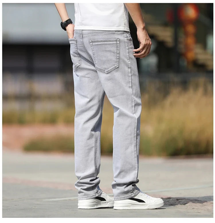 2026 Summer Brand New Men's Straight Loose Thin Jeans Simple Casual Clothing Lightweight Cotton Stretch Light Grey Jeans