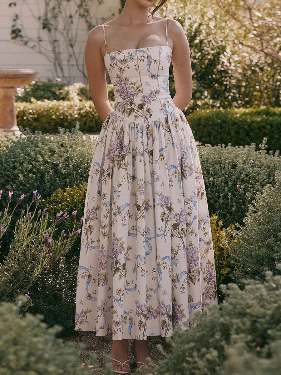 Summer Print Strappy Long Dress A-line Casual Beach Vacation Dress for Women