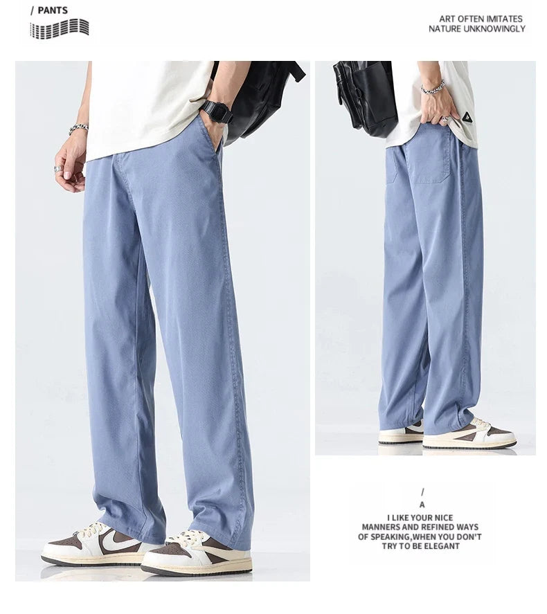 Coffee Ultra-thin Wide Pants Men Lyocell Fabric Breathable Soft Straight Casual Trousers Loose Simple Male Sweatpants