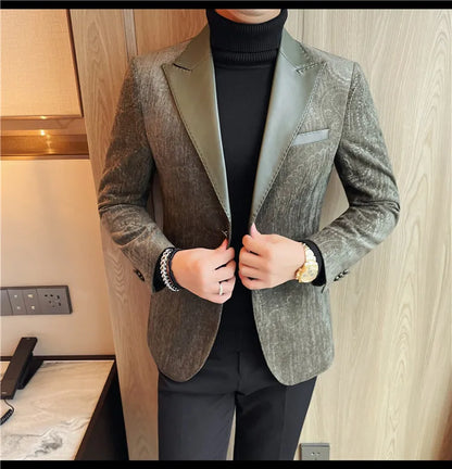 2025 Fashion Leather Neck Spliced Suit Jacket Luxury Men's Business Slim Fit Social Formal Blazers Coats Wedding Groom Tuxedos