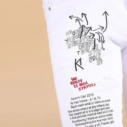 Harajuku Korean Luxury Clothing Men's White Slim Jeans with Printed Ripped Holes Autumn Hip Hop Distressed Cotton Trousers Male