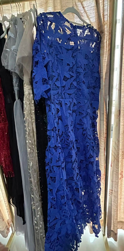 Sexy Lace Hollow High Low Long Formal Plus Size Dress With Short Sleeves Royal Blue