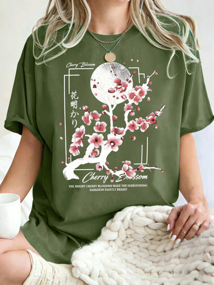 Japanese Cherry Blossom Design Women'S T-Shirt Loose Cotton T Shirts Crewneck Trendy Short Sleeve Y2K Summer Casual Streetwear