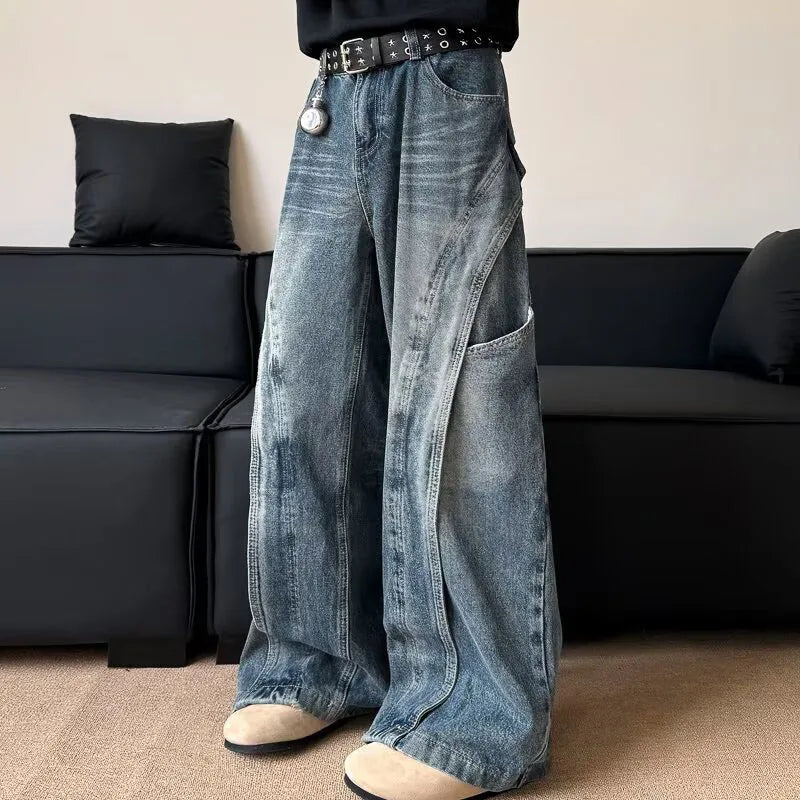 Korean Retro Jeans Men'S Curved Knife Pants Design Sense Vintage Casual Straight Leg Pants Loose Large Pocket Wide Leg Pants