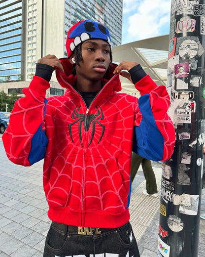 American Retro Spider Patchwork Print Hoodies Fashion Oversized Loose Full Zipper Hoodie Men Jacket Gothic Street Y2k Sweatshirt