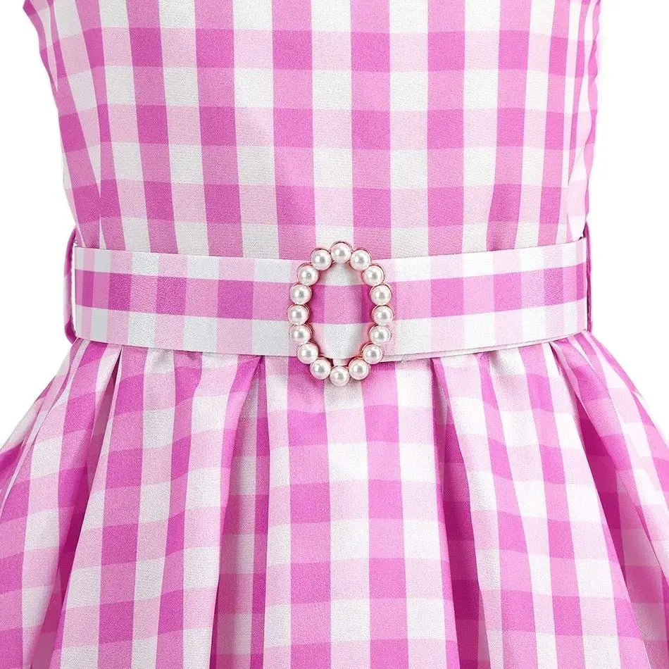 Halloween Hot Movie Barbei Baby Girl Pink Cowboy Look Dress Summer Beach Stripe Cute Sleeveless Plaid Slim Strap Dress Set