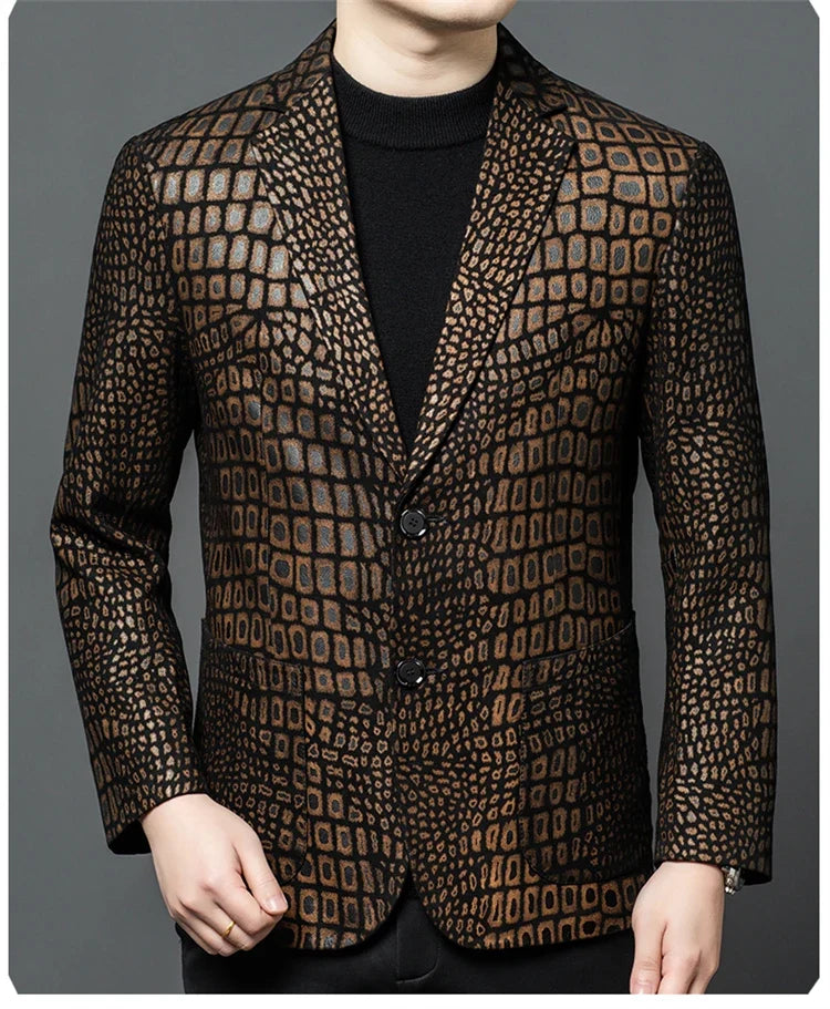 Luxurious Sheepskin Blazers For Men Smooth Casual Leather Jacket Winter Top Quality Leopard Print Slim Gentleman Terno Masculino
