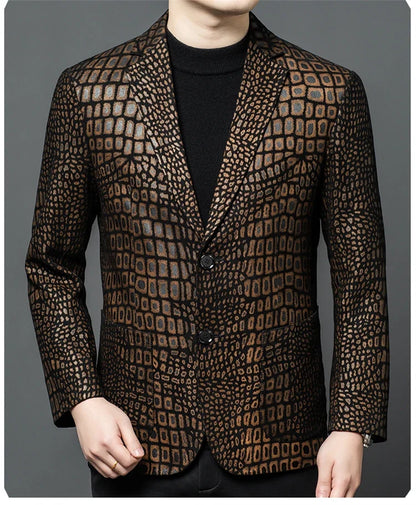 Luxurious Sheepskin Blazers For Men Smooth Casual Leather Jacket Winter Top Quality Leopard Print Slim Gentleman Terno Masculino
