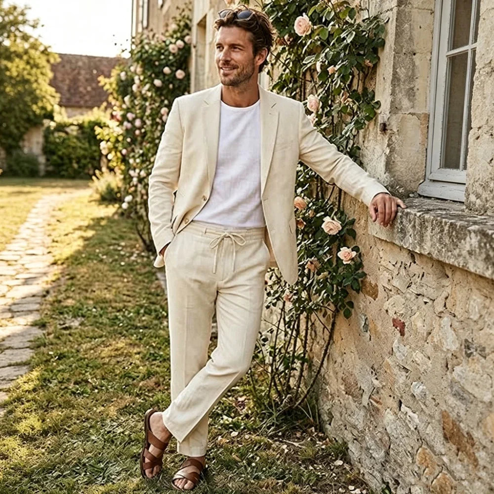 Men's Linen Suit 2 Piece Set Blazer & Drawstring Pants Business Casual Suit Jacket Trousers Summer Beach Wedding Formal Outfit