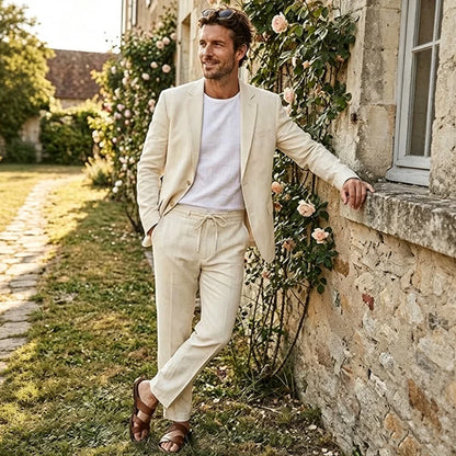 Men's Linen Suit 2 Piece Set Blazer & Drawstring Pants Business Casual Suit Jacket Trousers Summer Beach Wedding Formal Outfit