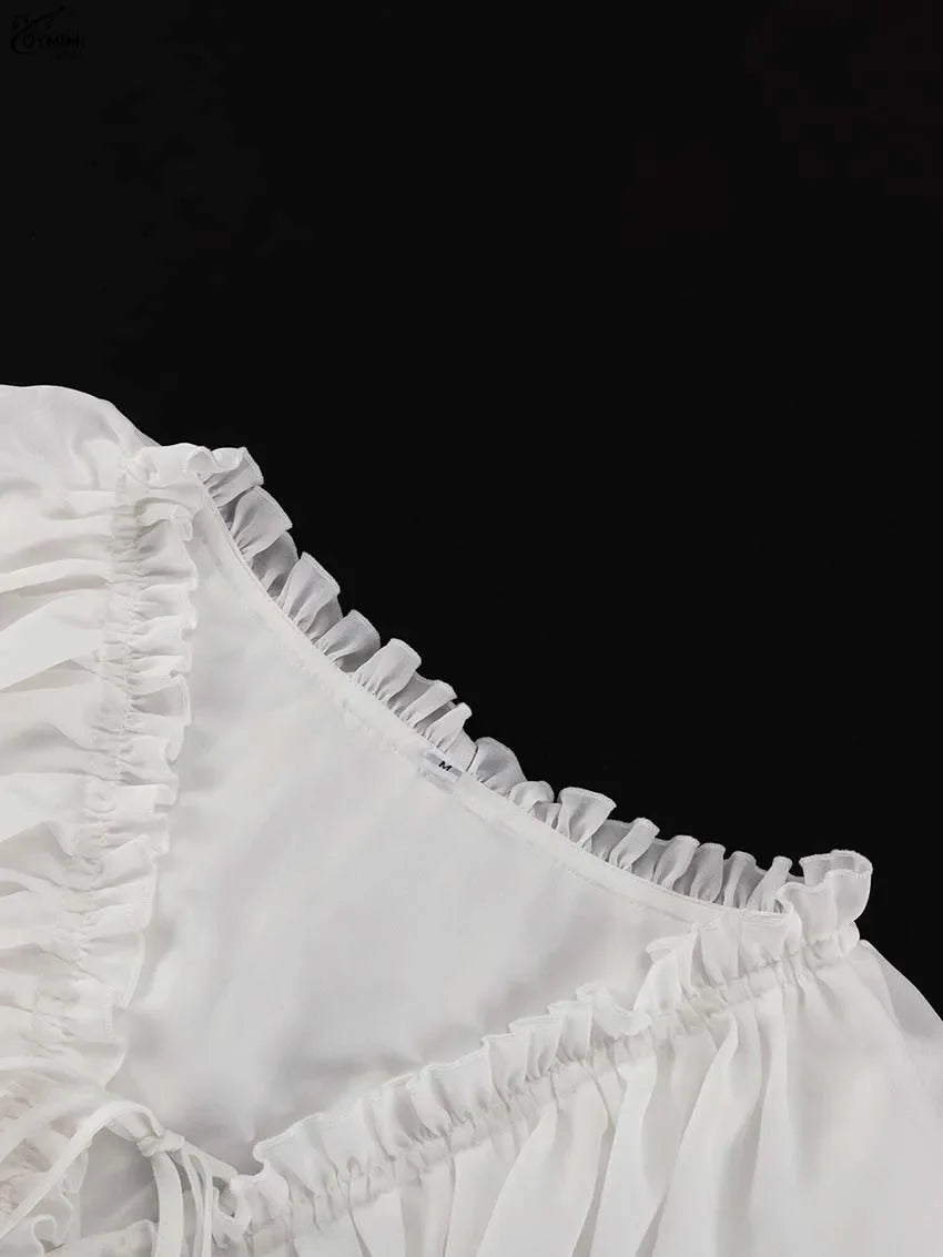 Elegant White Ruffled Dresses 2025 Woman Fashion V-Neck Lace-Up Long Sleeve Dresses Casual High Waist Floor-Length Dress