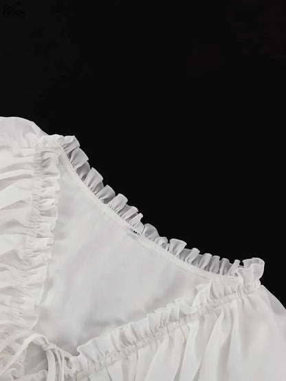 Elegant White Ruffled Dresses 2025 Woman Fashion V-Neck Lace-Up Long Sleeve Dresses Casual High Waist Floor-Length Dress