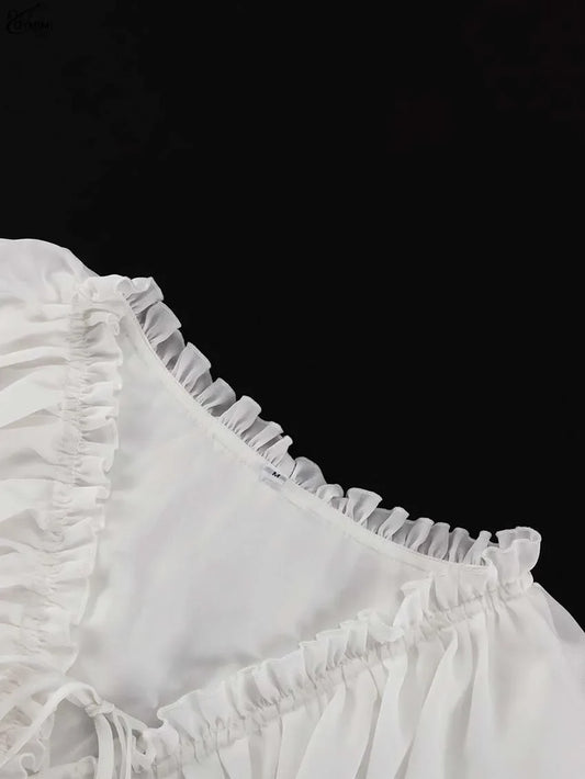 Elegant White Ruffled Dresses 2025 Woman Fashion V-Neck Lace-Up Long Sleeve Dresses Casual High Waist Floor-Length Dress