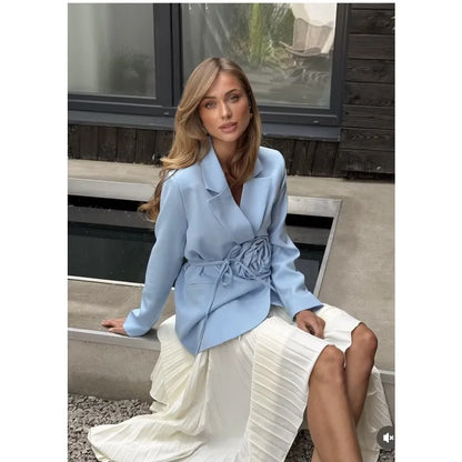 Women Notched Lapel Blazer with Floral Rose Belt Waist Tie Slim Long Sleeve Suit Jacket