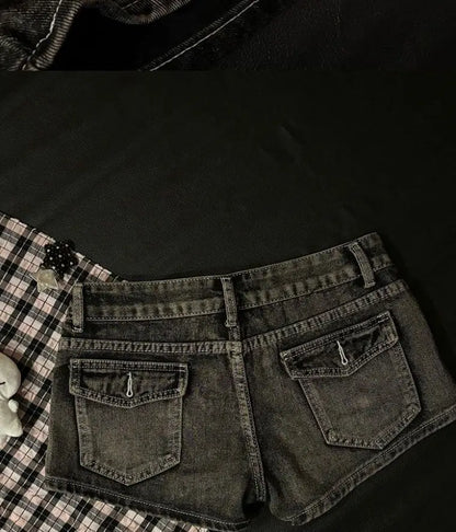 2026 Summer New Cute Hot Diamond Denim Low Waist Super Shorts Female Slim Black Gray Tight Y2k Shorts Hot Pants