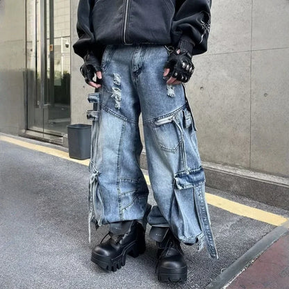 2025 Cyber Y2K Streetwear Washed Blue Baggy Ripped Cargo Jeans Pants For Men Clothing Wide Leg Vintage Loose Punk Denim Trousers