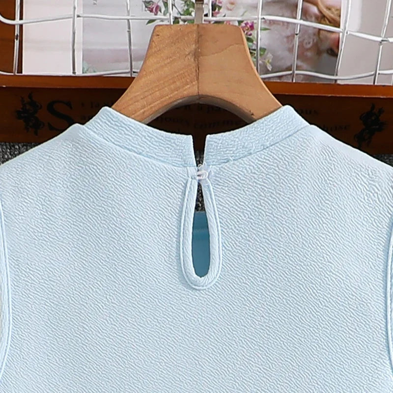 Girls 8-12 Light Blue Summer Casual Dress, Front Sleeveless Bow Decor High Waist Pleated Skirt, Daily Kids Outfit