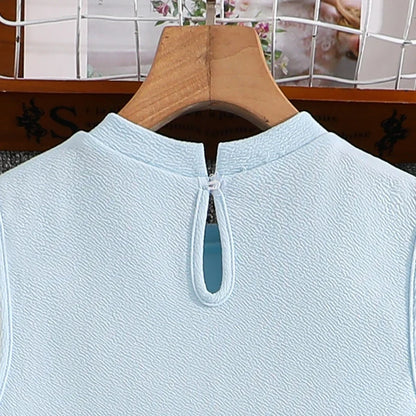 Girls 8-12 Light Blue Summer Casual Dress, Front Sleeveless Bow Decor High Waist Pleated Skirt, Daily Kids Outfit
