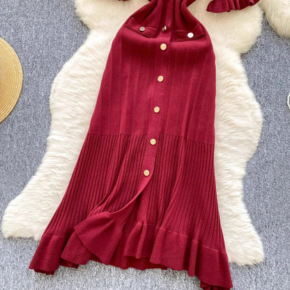 Brand Fashion Vintage Knitted Long Dress Spring Summer Women Elegant V-neck Ruffled Bodycon Sweater Dress Party Vestido