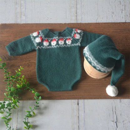 Christmas Baby Clothing Newborn Boy Girl Photography Santa Claus Costumes Sets Green Knitted Romper Stockings Hat 3pcs for Xmas