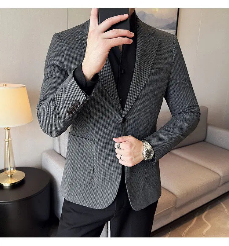 Korean Vintage Elegant Men's Business Slim Fit Suit Jacket 2026 New Fashion Lapel Single Breasted Men Social Party Dress Coats