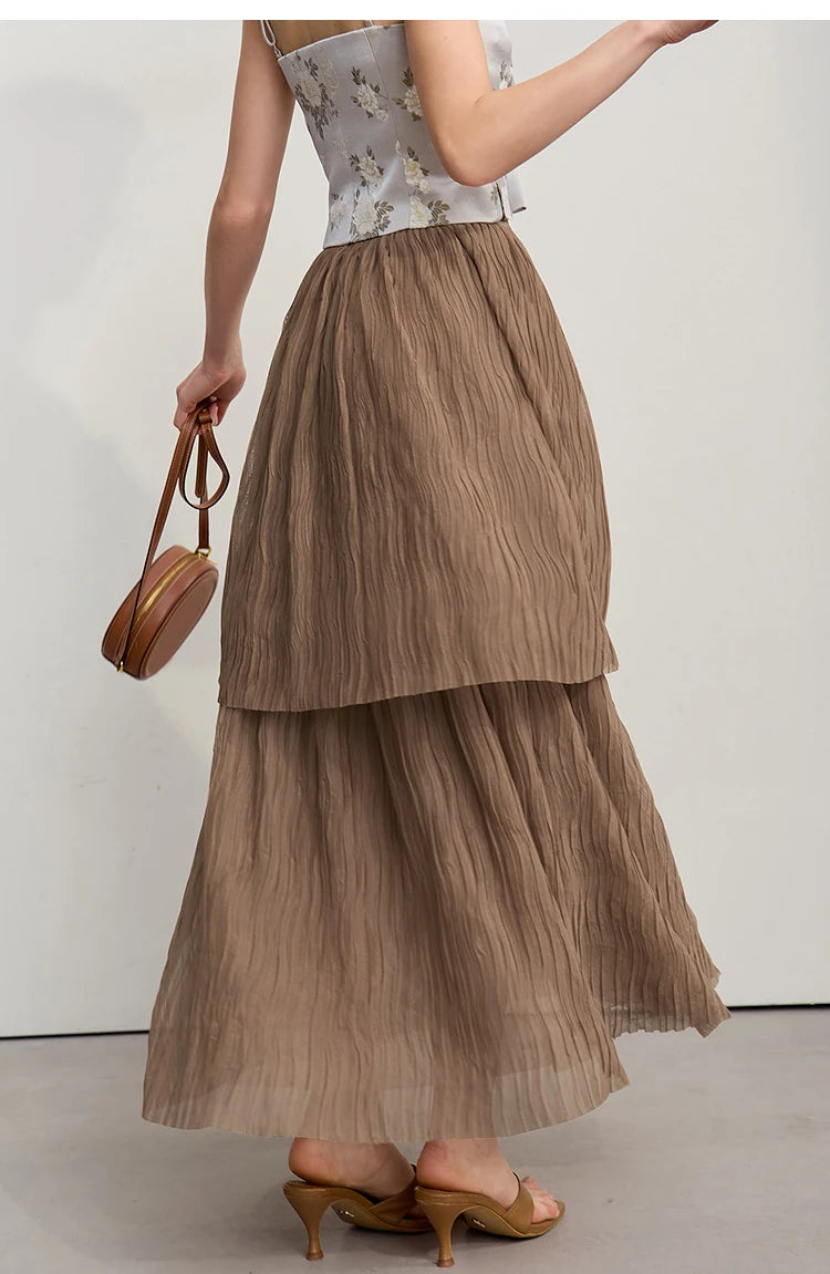 Long Skirt 2026 Spring New Casual Vacation Waist Pleated Mesh Long Skirt Women Loose Solid Versatile Woman Clothes 12621001