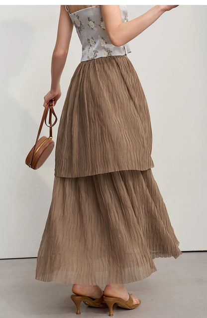 Long Skirt 2026 Spring New Casual Vacation Waist Pleated Mesh Long Skirt Women Loose Solid Versatile Woman Clothes 12621001
