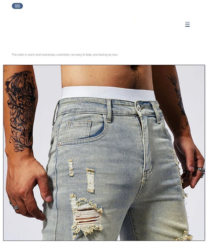 Vintage Denim Shorts Men's American Stretch Slim Jeans Fashion Ripped Streetwear Male Hole Frayed Short Pants Blue Black