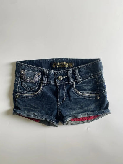 Y2K Japan Street Hottie Wing embroidery vintage Denim Shorts Harajuku Slim Skirt Light Blue Jean Low Waist Short Mini Skirt