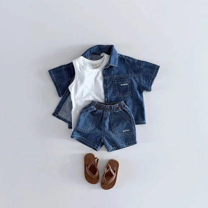 TZ2638 Korean Style Baby Boys Girls Short Sleeve Denim Shirt Shorts Set Summer Fashionable Cute Two-Piece Outfit for Toddlers