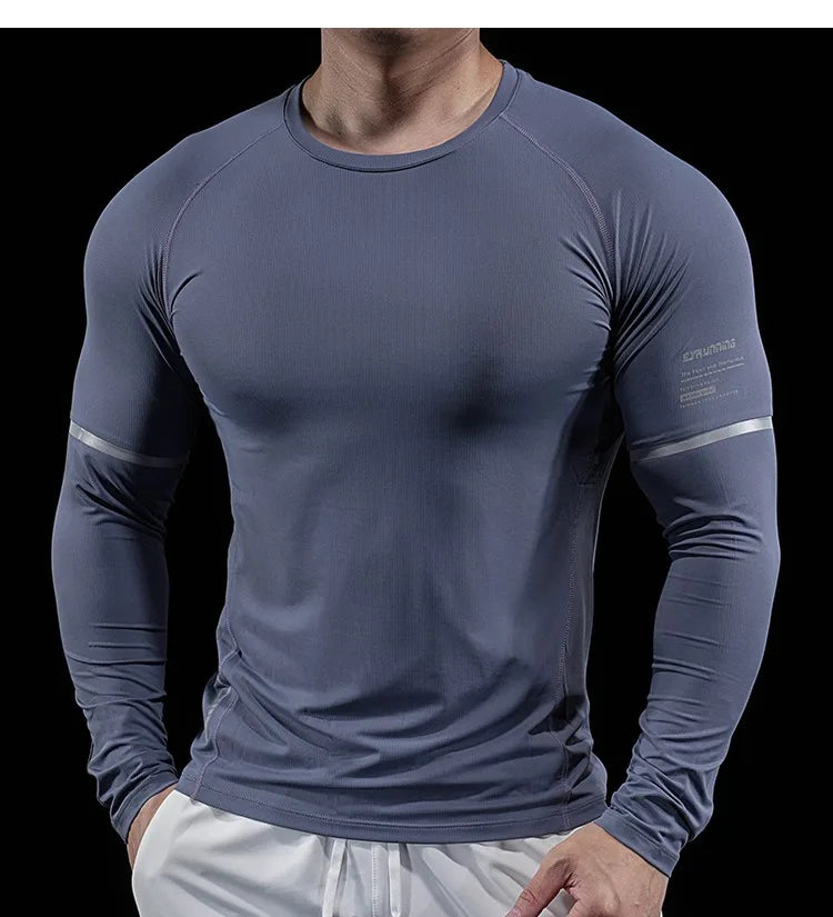 Autumn New Men's Sports Gym Fitness Clothes Reflective Strips Round Neck Training Long-sleeved T-shirt Running Slim Breathable