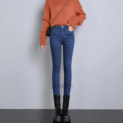 New Women Thick Velvet Jeans Fleece Warm Korean Fashion High Waist Skinny Elastic Pants Jean Casual Legging Winter 2023
