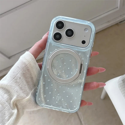 Luxury Polka Dot Ring Stand Holographic Phone Case For iPhone 15 16 17 Pro Max Shockproof Protective Cover