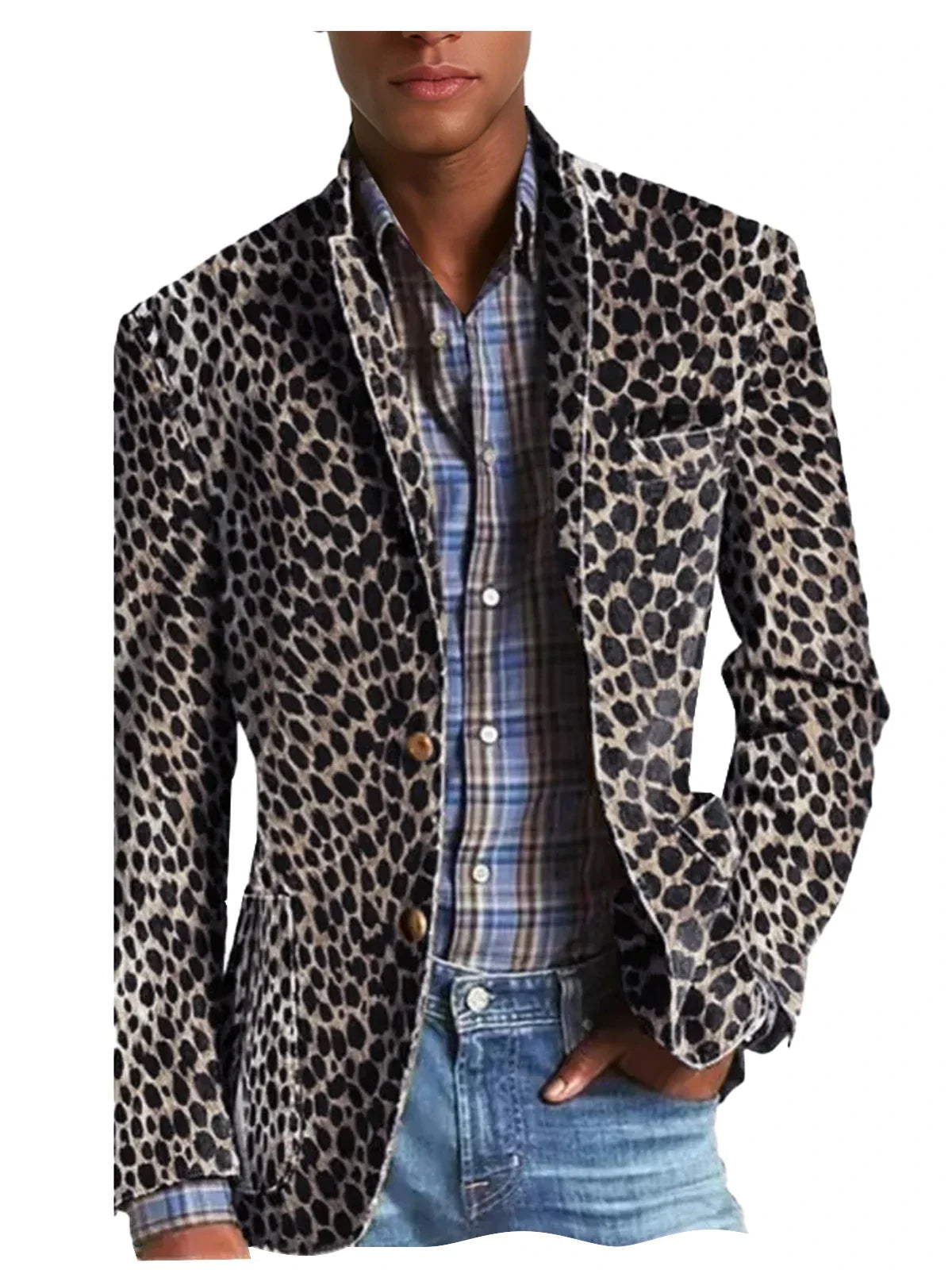 Men's Leopard Print Velvet Blazer Classic Fit Stylish Long Sleeve Notched Lapel Suit Jacket for Nightclub Wedding Streetwear