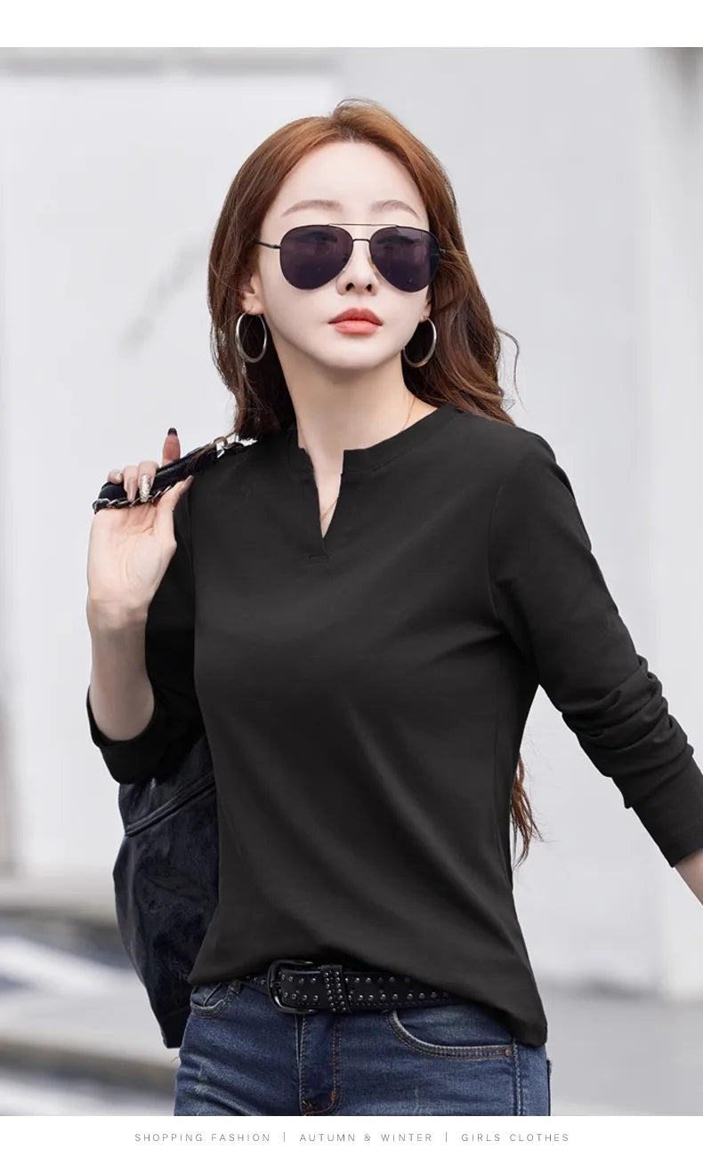 Spring and Autumn All Seasons Women's Long sleeved T-shirt Wine Red Pure Cotton New Fashion Large V-neck Slim fit Casual Top 3XL