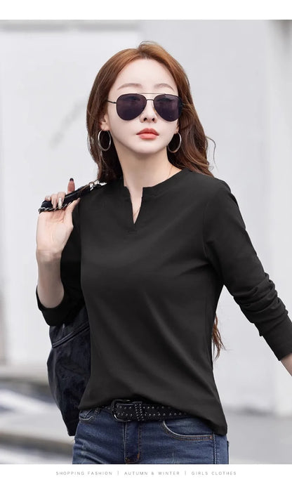 Spring and Autumn All Seasons Women's Long sleeved T-shirt Wine Red Pure Cotton New Fashion Large V-neck Slim fit Casual Top 3XL