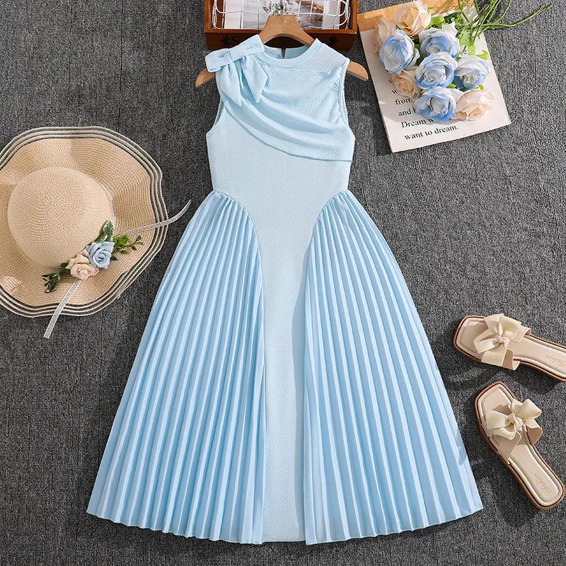 Girls 8-12 Light Blue Summer Casual Dress, Front Sleeveless Bow Decor High Waist Pleated Skirt, Daily Kids Outfit