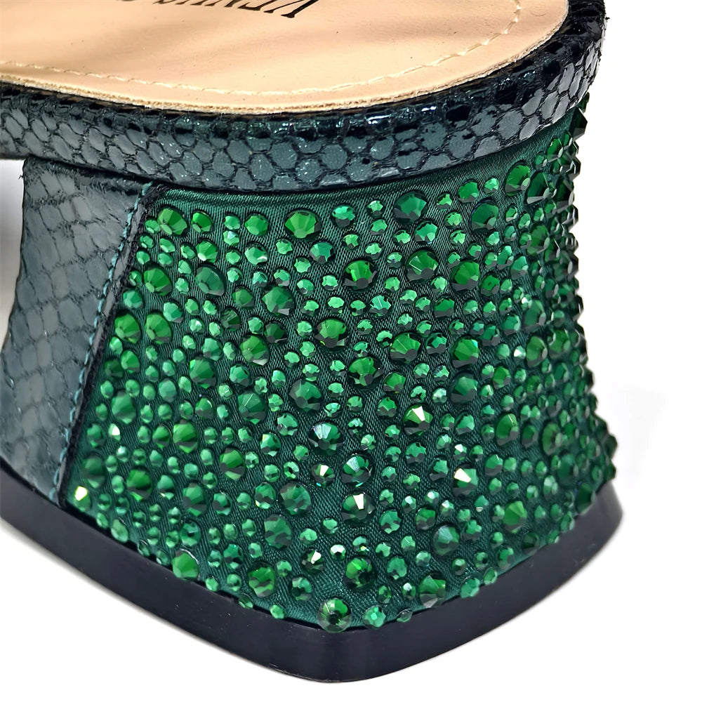 2025 Elegant Green Peep-Toe Heel Pumps for Women with Diamond Accents - Italian Matching Shoes and Bags Set for Parties