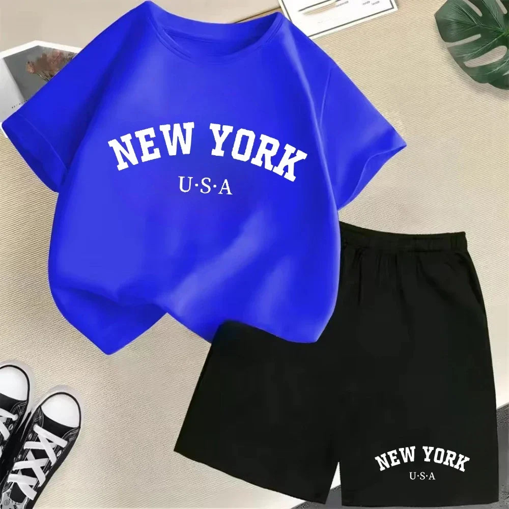 2026 New Kids Boys Girls New York Letter Pattern Cotton T-shirt+Shorts 2-Piece Set Casual Daily