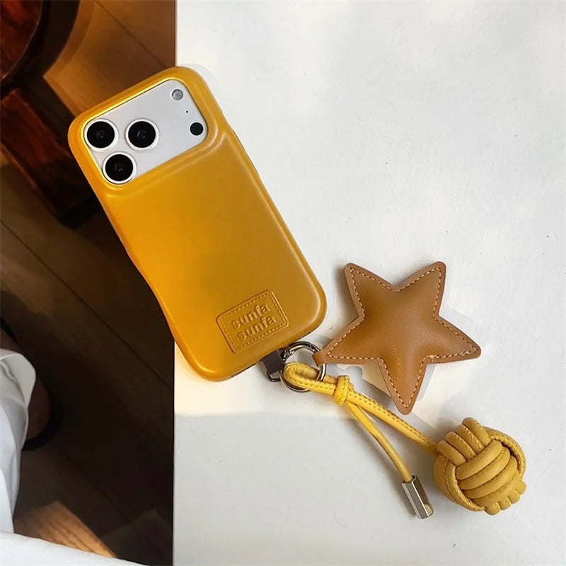 Fashion Leather Phone Case For iPhone 17 Pro 15 14 16 Pro Max Cover with Star Pendant Cute Protective Cases For Apple 17Pro Capa