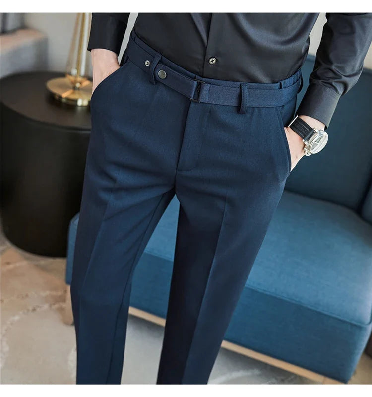 Fashion Belt Decoration Design Men's Suit Pants High Quality Business Slim Fit Casual Straight Formal Wedding Party Trousers
