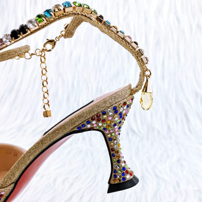 New Gold Glitter Fabric Pointed Toe High Heels With A Variety Of Shapes Of Rhinestones Fashion Party Ladies Shoes And Bag