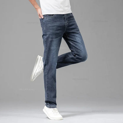 Summer Brand Men's Fit Straight Lightweight Cotton Stretch Jeans Business Casual High Waist Thin Light Grey Jeans mens pants