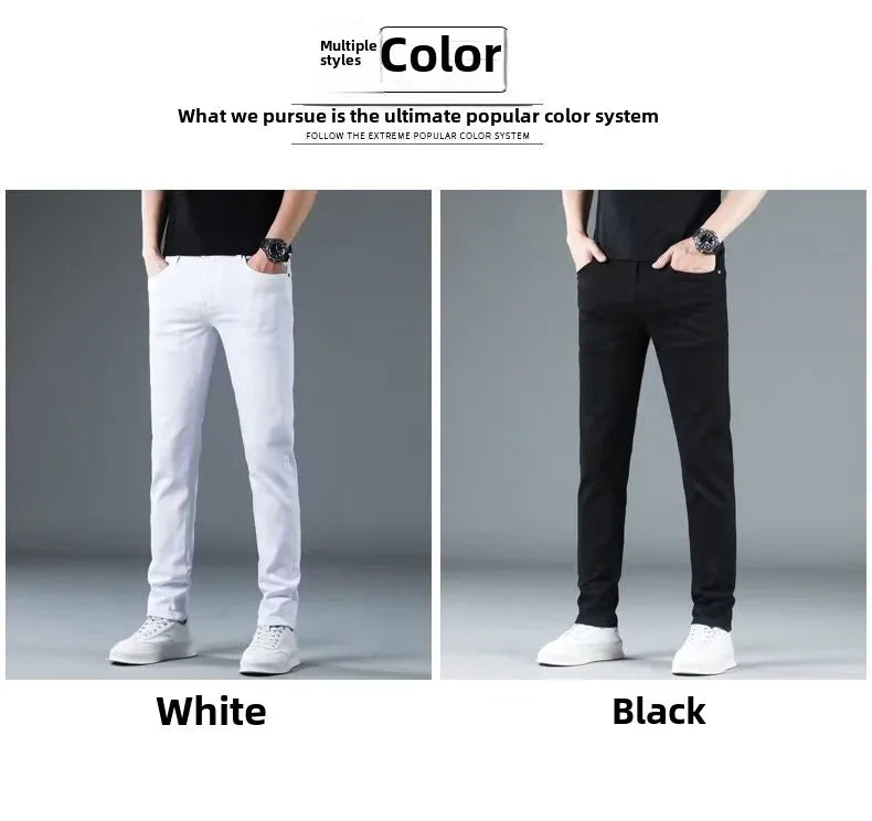 Korean Man Designer Clothes 2025 White Jeans Men Spring Autumn Printed Students Slim Stretch Pencil Pants Workwear Long Trousers
