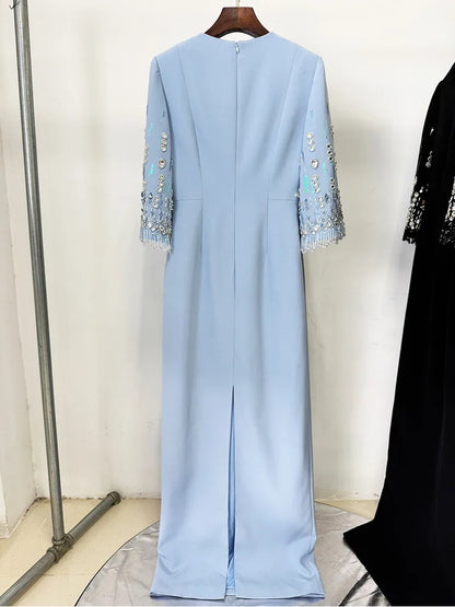 HIGH STREET Newest Fashion 2026 S/S Designer Vestido Women's Half Sleeve Stunning Beaded  Long Maxi Dress