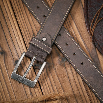 Men - Women - Western Denim - PU Leather - Belt - Vintage Jeans with Carved Buckle Brown Belt