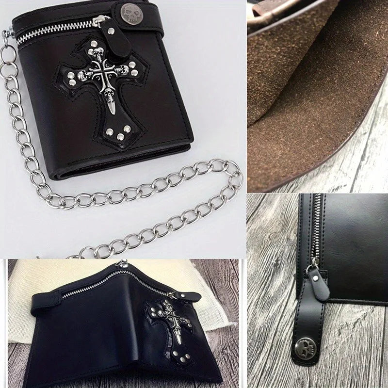 Sac à Main Rétro Punk Homme Nouveau 2025 Crâne Croix Portefeuille Pochette Chaîne Rivets Porte-cartes Vintage Rocker Multi-fonctions Mini Portefeuille
