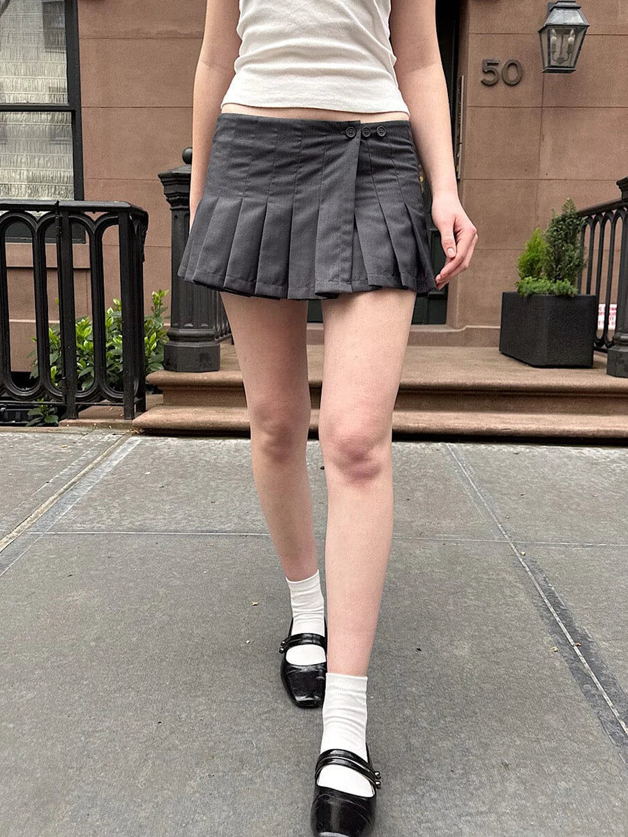 New Gray Pleated Mini Skirt Summer Sexy Low Waist Buttons A-line Short Faldas Women Preppy Style Sweet Cotton Skirts Y2l Clothes