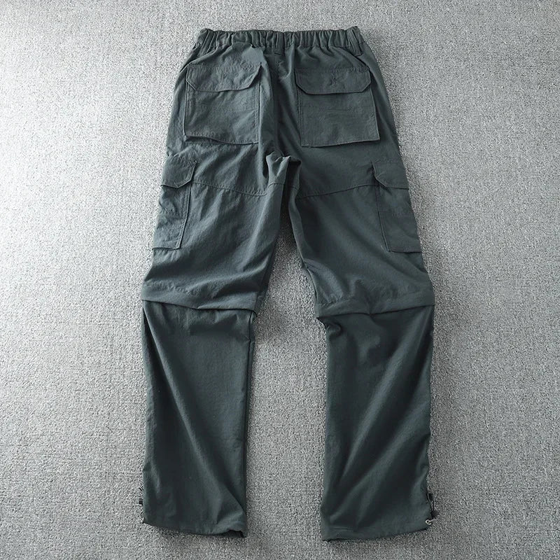 Men's Summer Cargo Pants Quick Dry Double Used Pants Elastic Waist Detachable Feet Loose Straight Waterproof Long Trousers